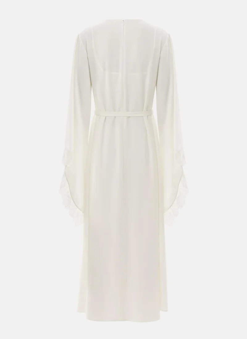 Lichi Satin maxi dress with lace on the sleeves and matching sash belt