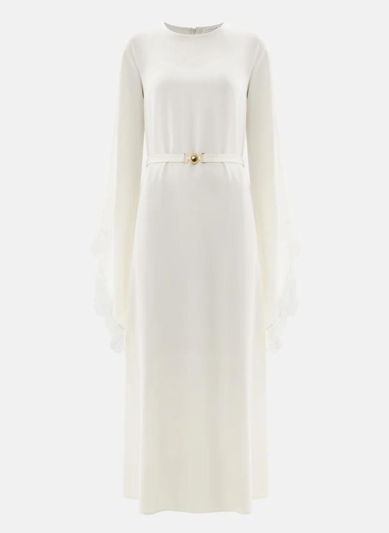 Lichi Satin maxi dress with lace on the sleeves and matching sash belt