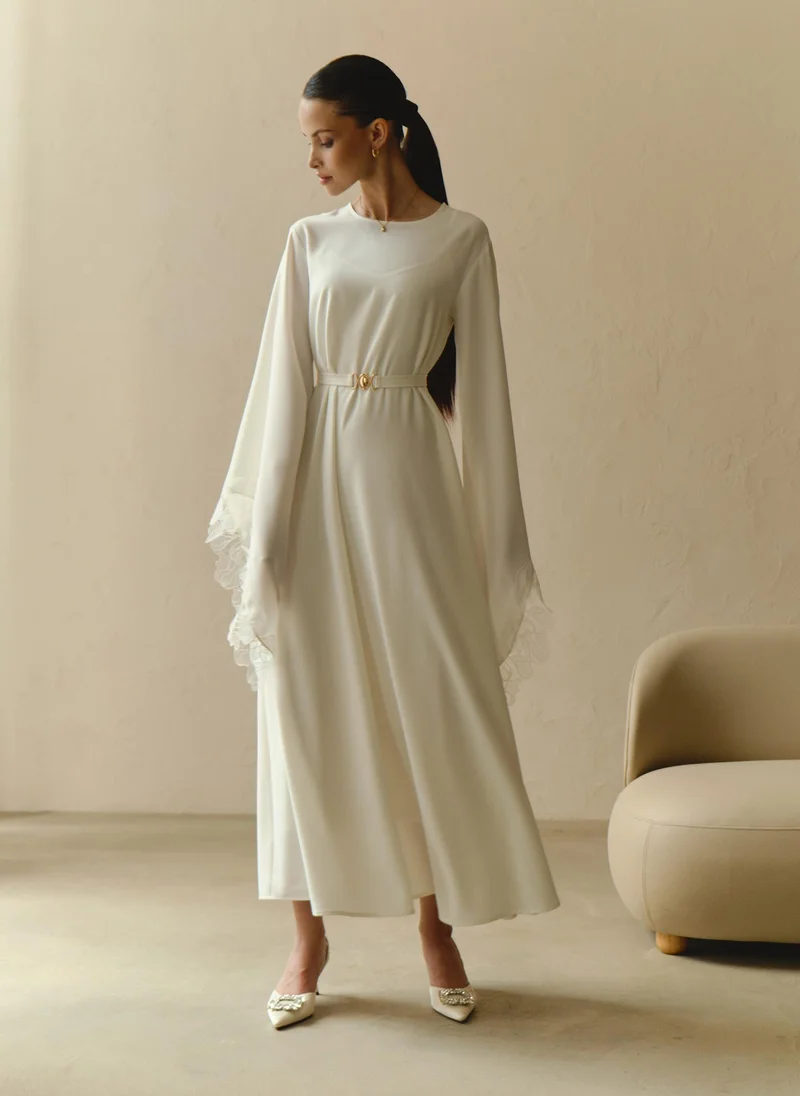 Lichi Satin maxi dress with lace on the sleeves and matching sash belt