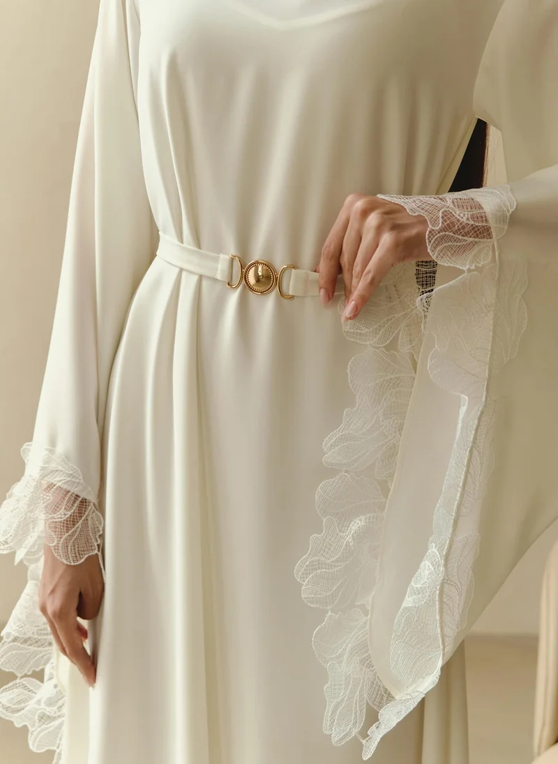 Lichi Satin maxi dress with lace on the sleeves and matching sash belt