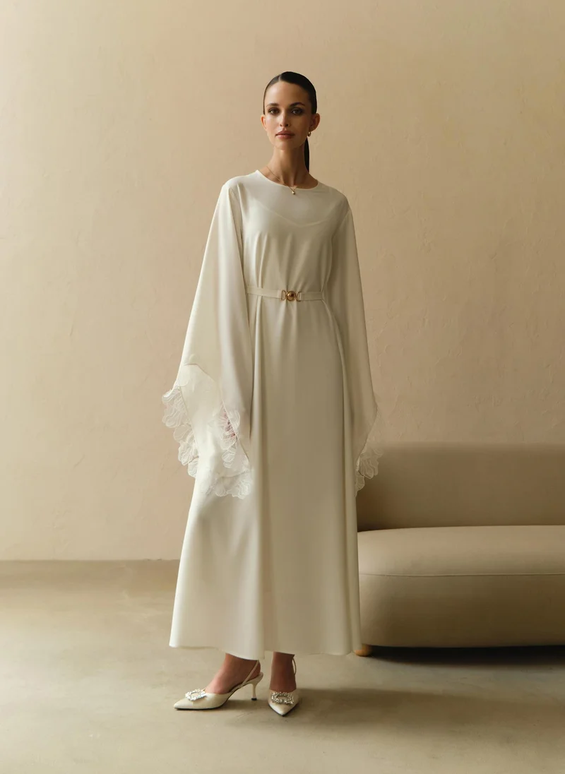 Lichi Satin maxi dress with lace on the sleeves and matching sash belt