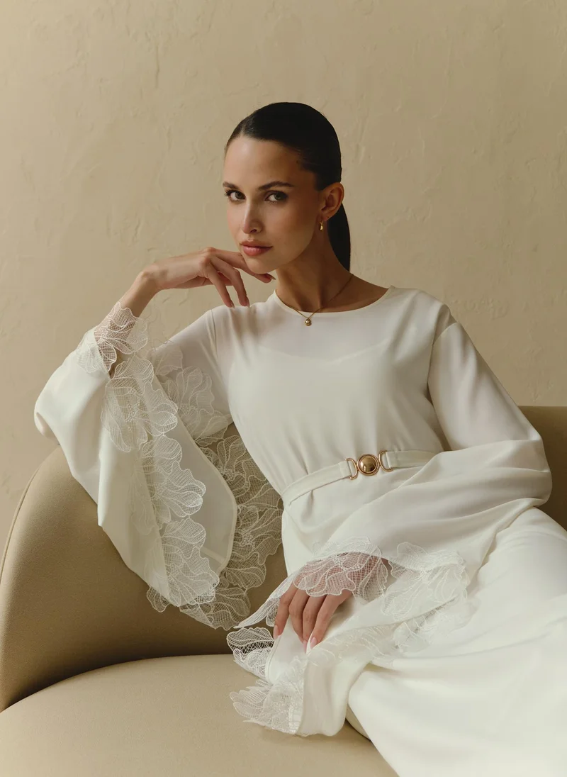Lichi Satin maxi dress with lace on the sleeves and matching sash belt