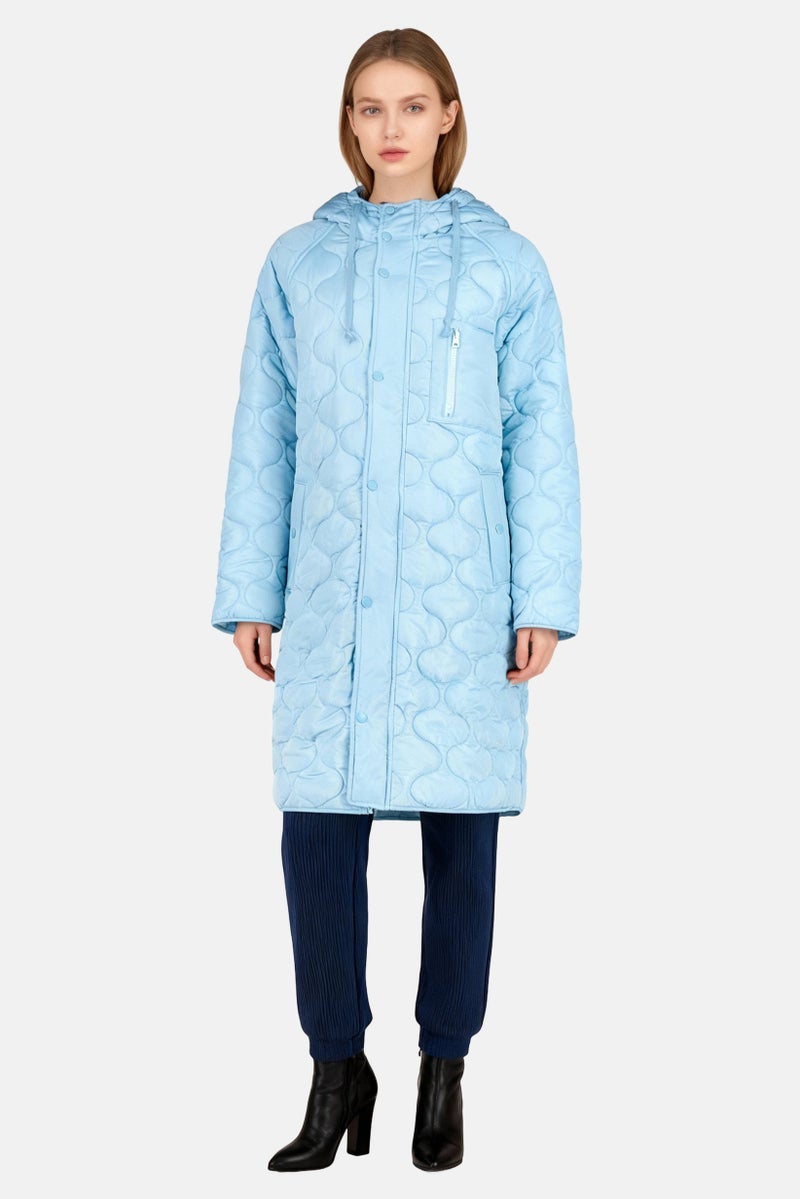 Cream Women Quilted Hooded Parka Jacket, Sky Blue - Image 1
