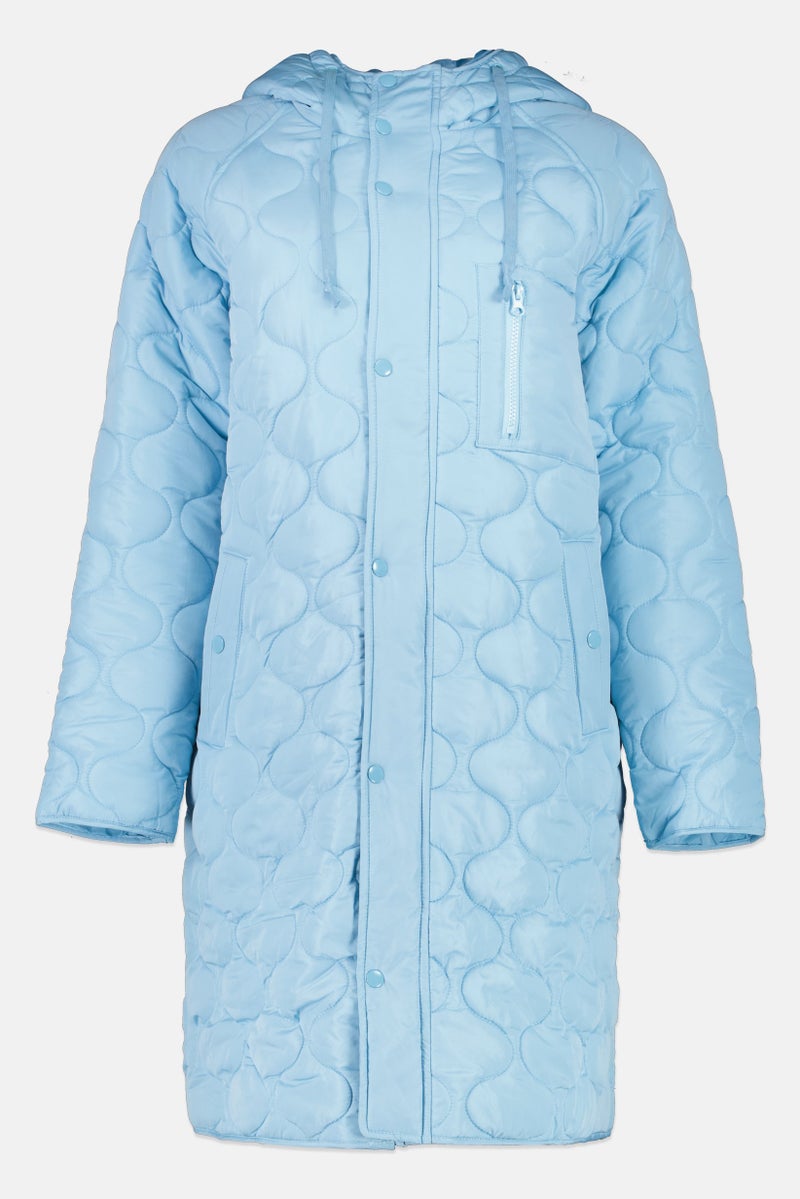 Cream Women Quilted Hooded Parka Jacket, Sky Blue - Image 2