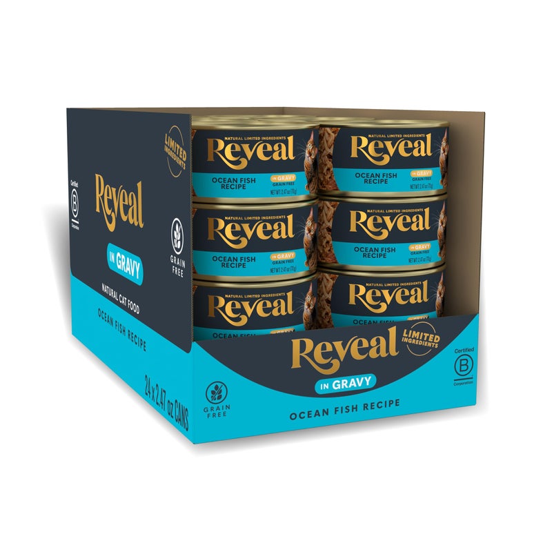 Reveal Natural Wet Canned Cat Foody, Limited and Natural Ingredients, Grain Free, High Protein with No Artificial Additives, Ocean Fish in Gravy (24 x 2.47 oz Cans) - Image 1