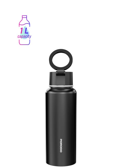 Water Bottle with Magnetic Mount 1L /  Magsafe / Stable / Double Wall / Keeps Cold and Warm / with Straw / Bottle for Gym/ Workout/Outdoor/Camping & Hiking - Black