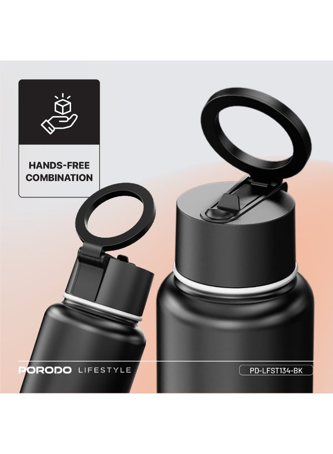 porodo Water Bottle with Magnetic Mount 1L /  Magsafe / Stable / Double Wall / Keeps Cold and Warm / with Straw / Bottle for Gym/ Workout/Outdoor/Camping & Hiking - Black - Image 4