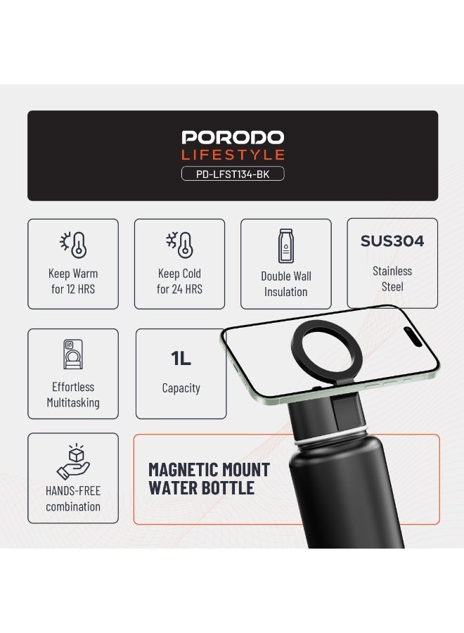 porodo Water Bottle with Magnetic Mount 1L /  Magsafe / Stable / Double Wall / Keeps Cold and Warm / with Straw / Bottle for Gym/ Workout/Outdoor/Camping & Hiking - Black - Image 3
