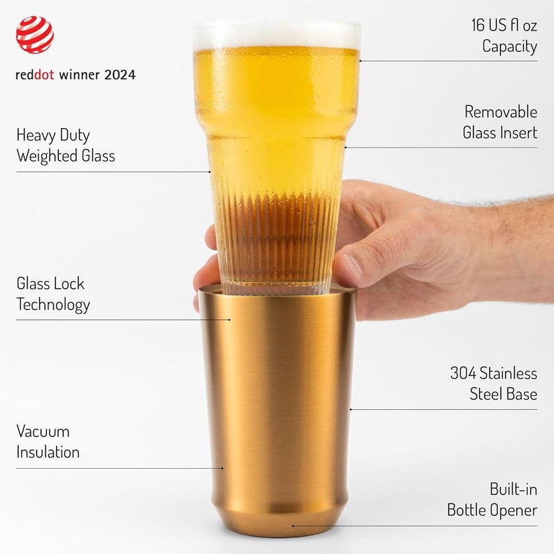 Elevated Craft Hybrid Vacuum Insulated Stainless Steel Base with Removable Pint Glass Insert, Ideal Insulation for Beers & Cold Beverages with Built-in Bottle Opener, Durable & Stylish, Copper (16 oz) - Image 1