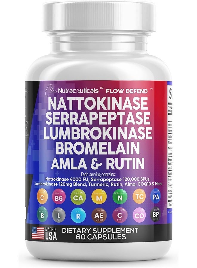Clean Nutraceuticals Nattokinase 4000 FU Serrapeptase 120000 SPU Lumbrokinase Enzyme Supplement with Bromelain Papain Papaya Enzymes Rutin Extract Amla Magnesium Vitamin B6 & VIT C Capsules  - Image 1