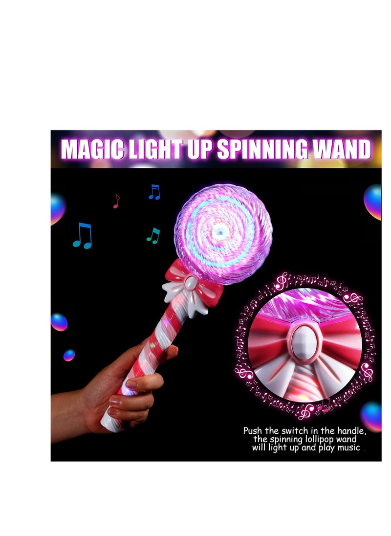 2 PCS Light Up Spinning Lollipop Wand, 12 Inch LED Princess Wand, Princess Glitter Light up Wand, Suitable for Pretend Play Prop, Carnival Prize (Pink, Blue）