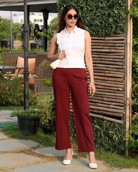 Mlada Store Mlada Mid Waist Wide Leg Flared Pants Elastic Waist Band for Women Office Work Formal Wear Stretch Cotton Knit Flare Pants Utility Pockets Extra Flare Pants Trousers for Travel Wine - Image 5