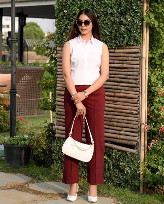 Mlada Store Mlada Mid Waist Wide Leg Flared Pants Elastic Waist Band for Women Office Work Formal Wear Stretch Cotton Knit Flare Pants Utility Pockets Extra Flare Pants Trousers for Travel Wine - Image 3