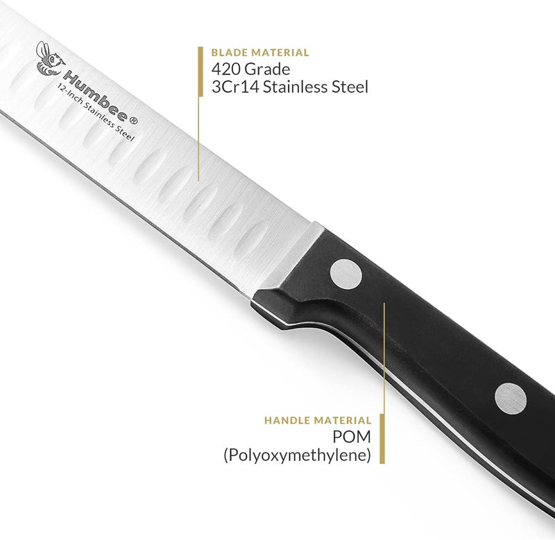 Humbee 12 Inch Carving Knife with Razor Sharp Granton Edge for Brisket BBQ Meat and Turkey Cutting – Stainless Steel Blade with Ergonomic POM Handle – Long Slicing Knife for Kitchen and Grill - Image 2