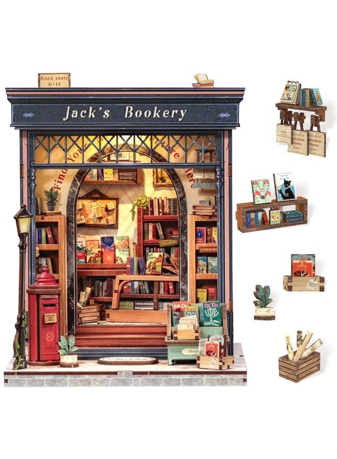 Cutefun Book Nook Kit - DIY Miniature House Kit - 3D Wooden Puzzle Mini House Kit with LED, Dollhouse Kit Bookshelf Insert Decor Creative Gifts for Teenagers and Adults (Jack's Bookery) - Image 1