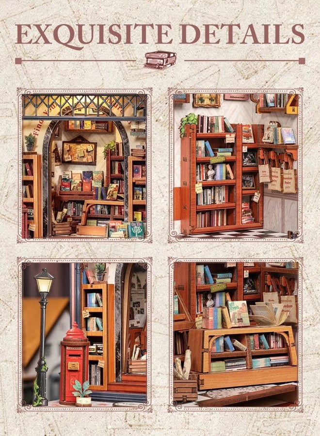 Cutefun Book Nook Kit - DIY Miniature House Kit - 3D Wooden Puzzle Mini House Kit with LED, Dollhouse Kit Bookshelf Insert Decor Creative Gifts for Teenagers and Adults (Jack's Bookery) - Image 5