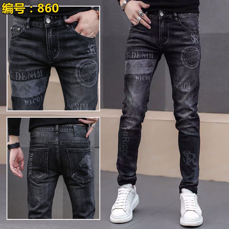 Embroidered Slim Fit Stretch Denim Jeans for Men 860 [printing] black 