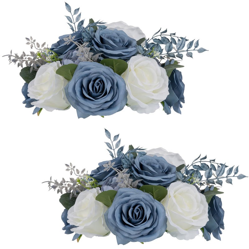 NUPTIO Artificial Flower Centrepieces for Tables: 2 Pcs 24cm Diam Dusty Blue & White Fake Rose Flowers Ball Arrangement Silk Faux Bouquet Wedding Centerpieces for Home Party Anniversary Decorations - Image 1