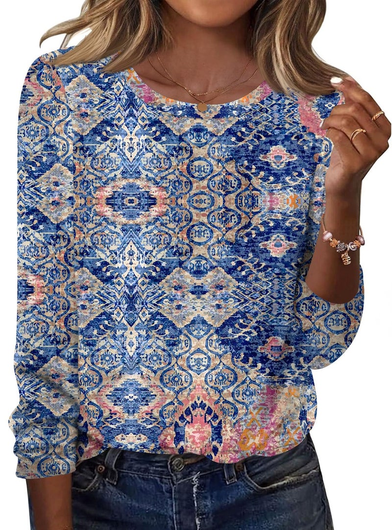 TCOT Women's Long Sleeve Crew Neck Tops for Women Trendy Casual Blue Boho Spring Clothes 2026 Pullover Shirts XL - Image 1