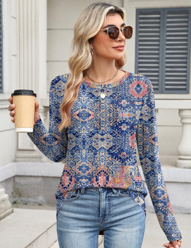TCOT Women's Long Sleeve Crew Neck Tops for Women Trendy Casual Blue Boho Spring Clothes 2026 Pullover Shirts XL - Image 2