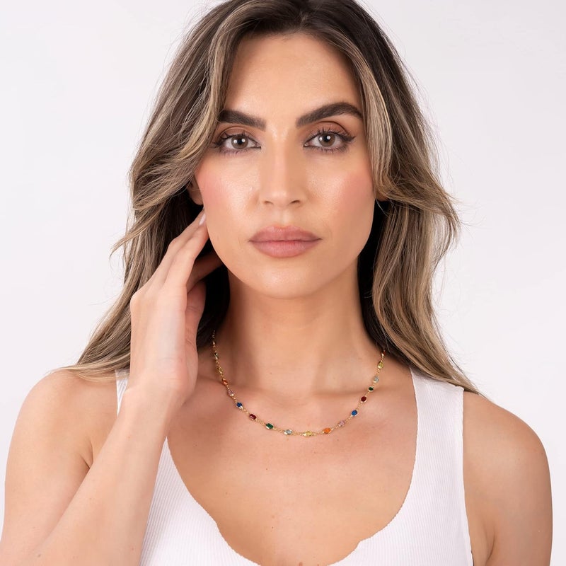 Barzel 18K Gold Plated Multicolor Stone Crystal Oval Necklace for Women - Made In Brazil - Image 3