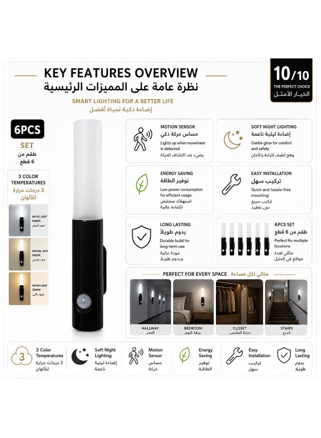 6-piece modern retro style ambient sensor wall lamp, Type-C rechargeable + large-capacity battery, three color switchable (white light, natural light, neutral light) bedroom bedside night light, LED wall lamp, sensor light, suitable for living room, wardrobe, hallway, staircase, office, bedroom and other occasions for decorative ambient lighting, easy to install. - Image 2