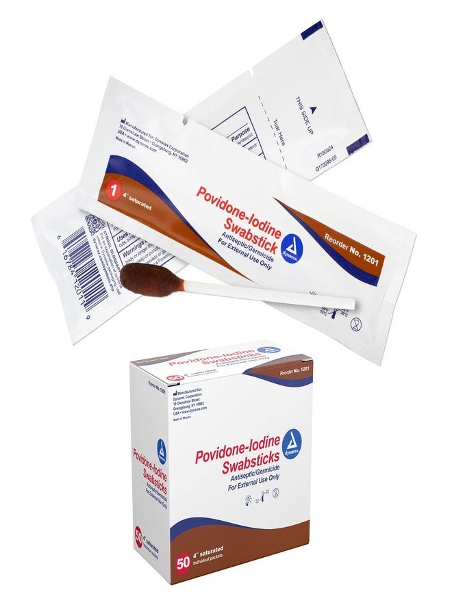 Dynarex Povidone Iodine Swabsticks, Swabstick Packaged in Individual Foil Pack, Antiseptic for Skin Preparation, Brown, 1 Box of 50 Povidone Iodine Swabsticks - Image 1