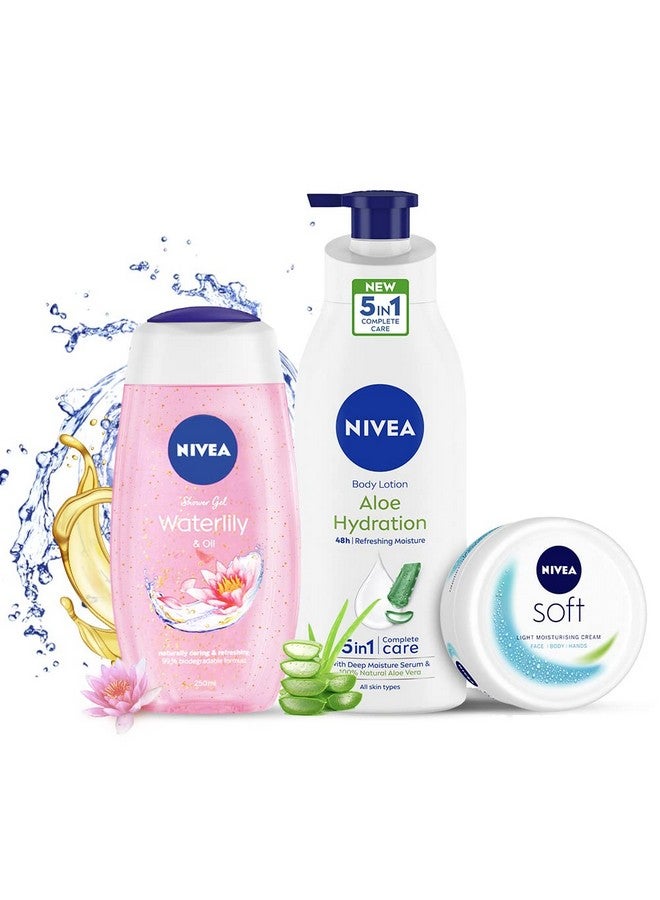 Nivea Complete Summer Regime Kitsoft 300Ml Moisturizing Cream Aloe Hydration 400Ml Body Lotion & Water Lily Flower 250Ml Refreshing Shower Gel - Image 1