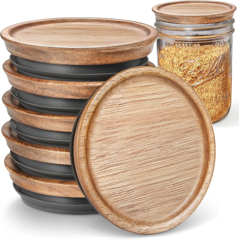 SKYBD 6-Pack Wide Mouth Wooden Mason Jar Lids for Ball/Mason Jars, Reusable Acacia Wood Mason Jar Lids with Airtight Silicone Seal Perfect for Dry Food Storage (Brown) - Image 1