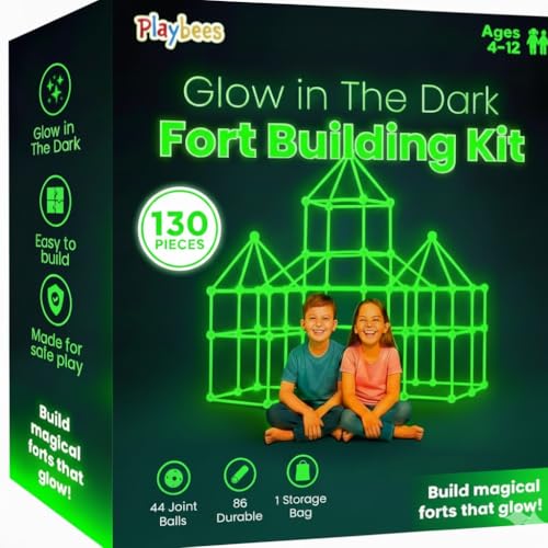 Playbees Glow in The Dark Fort Building Kit  130 PCS STEM Toy for Kids Ages 412  Build Tents Castles  Rockets  Creative Building Set  Great Gift - Image 1