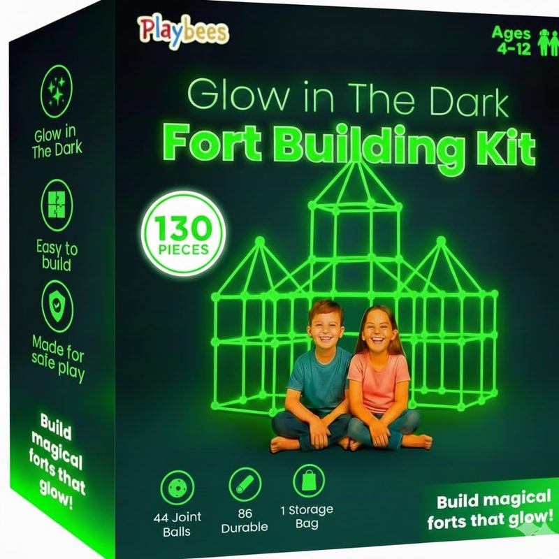 Playbees Glow in The Dark Fort Building Kit  130 PCS STEM Toy for Kids Ages 412  Build Tents Castles  Rockets  Creative Building Set  Great Gift - Image 2