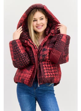 Women Checkered Puffer Jacket, Red