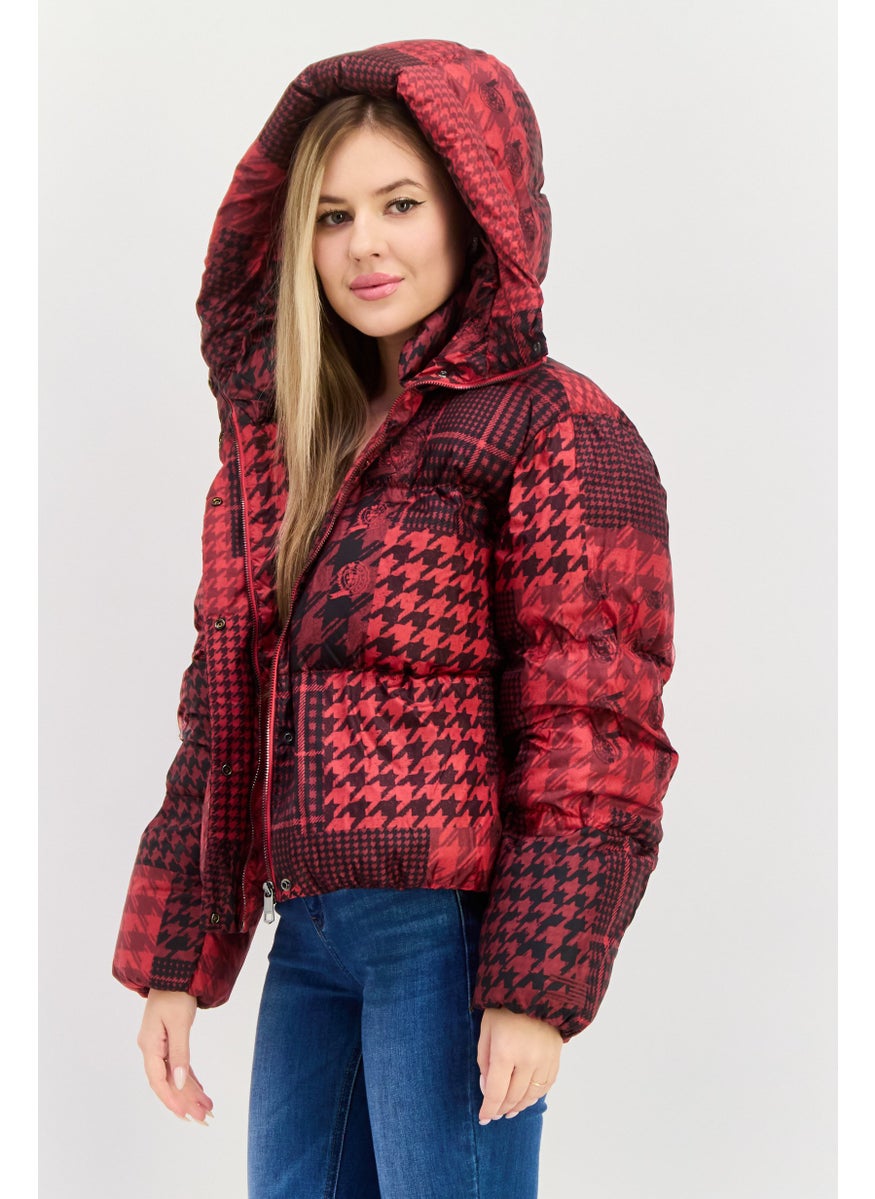 Tommy Icons - Women Checkered Puffer Jacket, Red - Image 1