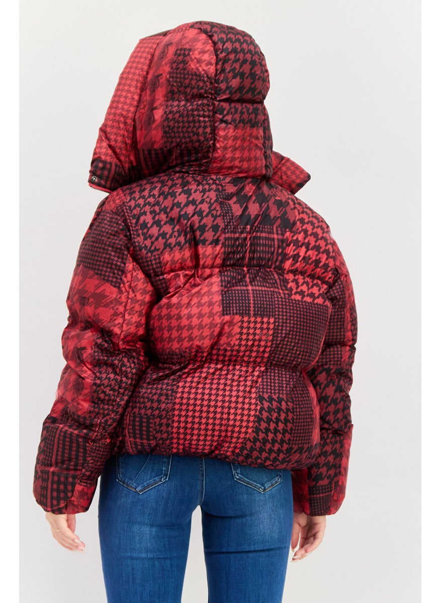 Tommy Icons - Women Checkered Puffer Jacket, Red - Image 1