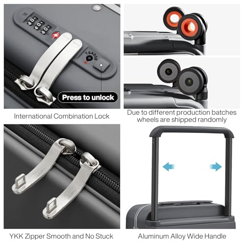 mixi Carry On Luggage Wide Handle Luxury Design Rolling Travel Suitcase PC Hardside with Aluminum Frame Hollow Spinner Wheels, with Cover, 20 inch, Rock Grey - Image 4