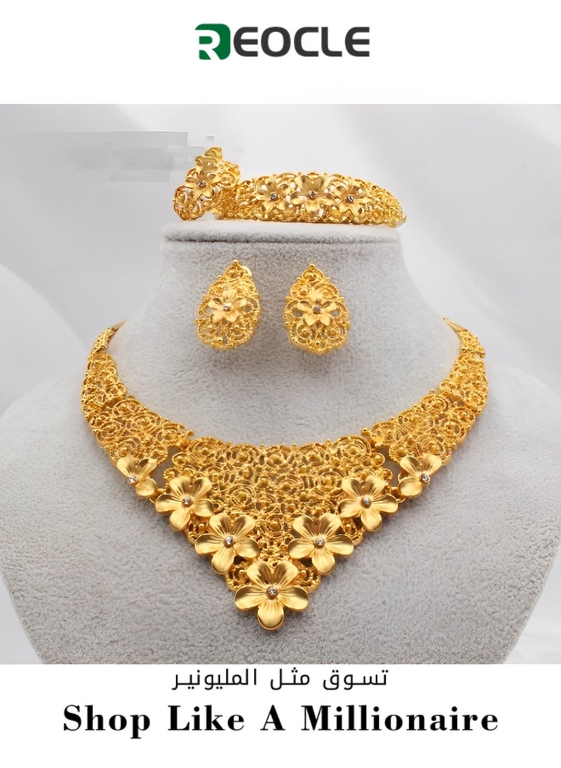 REOCLE Women's 4 Pcs Flower Jewelry Set Elegant Crystal Necklace & Earrings & Bracelet & Ring Bridal Wedding Party Costume Jewelry Set for Ladies to Match Dress  - Image 1