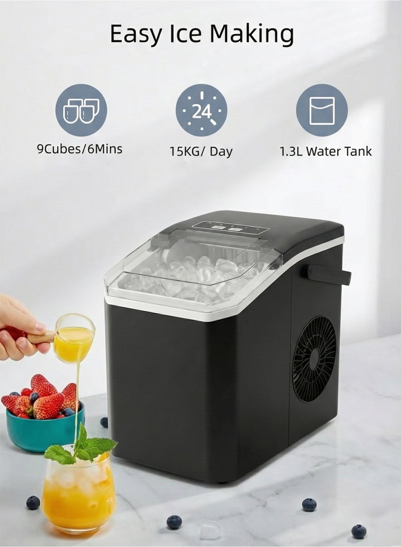 YOONISPRO Countertop Ice Maker, 9 Cubes in 6 Mins, 15KG/24H, 100W Portable Ice Maker with Self-Cleaning, 1.3L Water Tank, Ice Basket & Scoop for Home Kitchen Office Party - Image 2