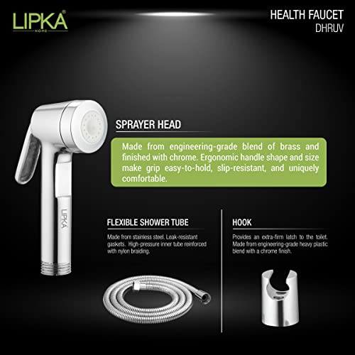 LIPKA Dhruv Brass Health Faucet with 1 Miter Stainless Steel Shower Tube & Hook | Durable High-Pressure Chrome Finish Health Faucet | Handheld Jet Spray for Bathroom Hygienic & Easy-to-Use | Silver - Image 3