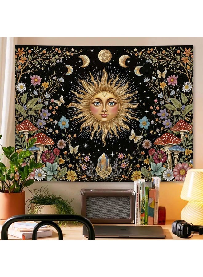 Aipon Boho Sun and Moon Tapestry Hippie Mushroom Floral Wall Tapestry for Bedroom Aesthetic Moon Phase Vintage Plant Celestial Small Tapestries Wall Hanging for Living Room Dorm 48 x 36 Inch - Image 3