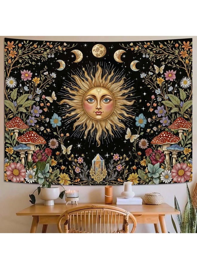 Aipon Boho Sun and Moon Tapestry Hippie Mushroom Floral Wall Tapestry for Bedroom Aesthetic Moon Phase Vintage Plant Celestial Small Tapestries Wall Hanging for Living Room Dorm 48 x 36 Inch - Image 2