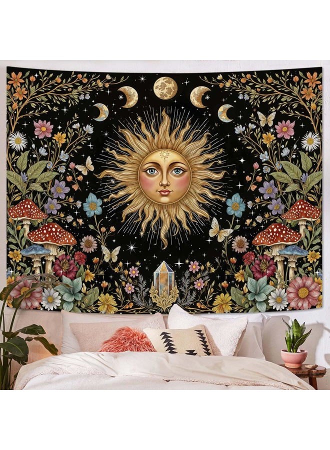 Aipon Boho Sun and Moon Tapestry Hippie Mushroom Floral Wall Tapestry for Bedroom Aesthetic Moon Phase Vintage Plant Celestial Small Tapestries Wall Hanging for Living Room Dorm 48 x 36 Inch - Image 1