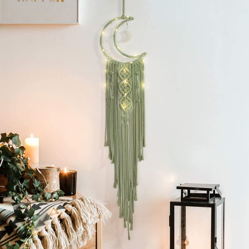 Macrame Moon Dream Catcher for Girl Green Boho Crescent Dreamcatcher for Bedroom Adult Handmade Nursery Room Wall Hanging with Star Pendant for Teen Bohemian Home Decoration Idea