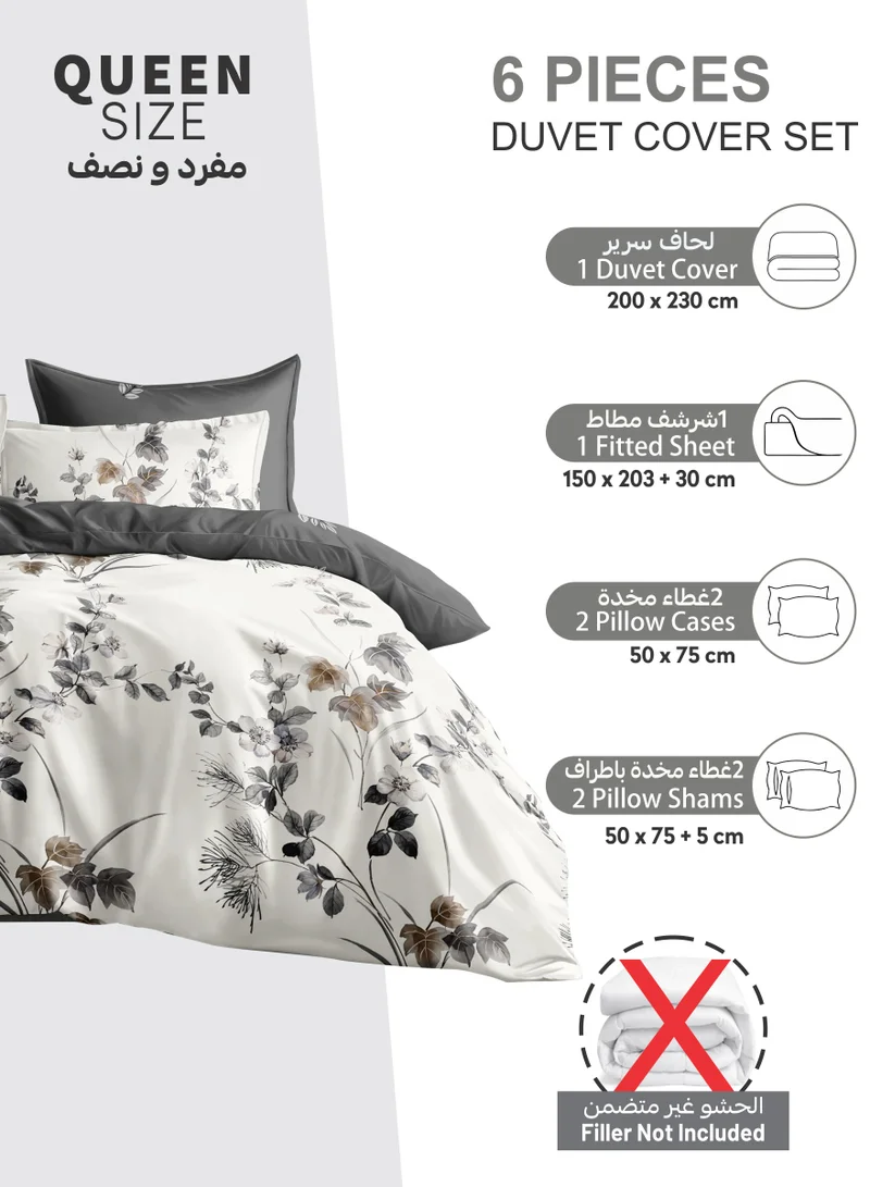 Donetella Printed Duvet Set, Queen Size 200x230 cm  - 6-Pcs Bed Set, Microfiber Fabric - 1 Duvet Cover, 1 Fitted Sheet, 2 Pillow Shams, 2 Pillowcases (Filler Not Included)