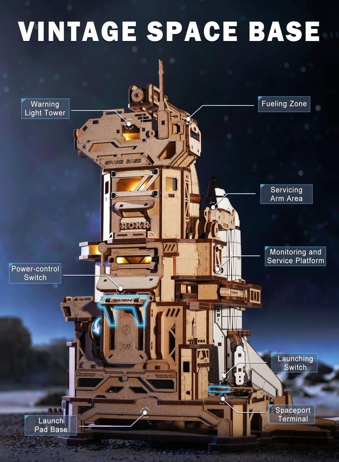 ROKR ألعاب تركيب ثلاثية الأبعاد ROKR للبالغين مكوك الفضاء، نموذج بناء تفاعلي افعلها بنفسك مع إضاءة، ألغاز خشبية لطائرات، ديكور مكتبي، هدايا هندسية للبالغين والرجال والمراهقين 14+، مشروع STEM - Image 3
