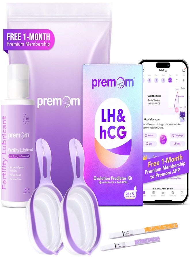 Premom Quantitative Ovulation & Pregnancy Test Kit with Sperm Friendly Fertility Gel: 25 LH + 5 HCG Strips + 2 Pee Cups + 2oz Fertility Gel | Accurate LH Tracking | pH Balanced | Works with Premom App - Image 1
