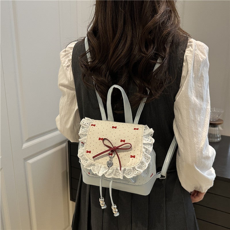 Cute Polka Dot Lace Backpack for Women 2025 New Fashion Butterfly Bucket Bag Versatile Mini Backpack - Image 2