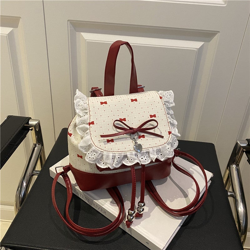 Cute Polka Dot Lace Backpack for Women 2025 New Fashion Butterfly Bucket Bag Versatile Mini Backpack - Image 1
