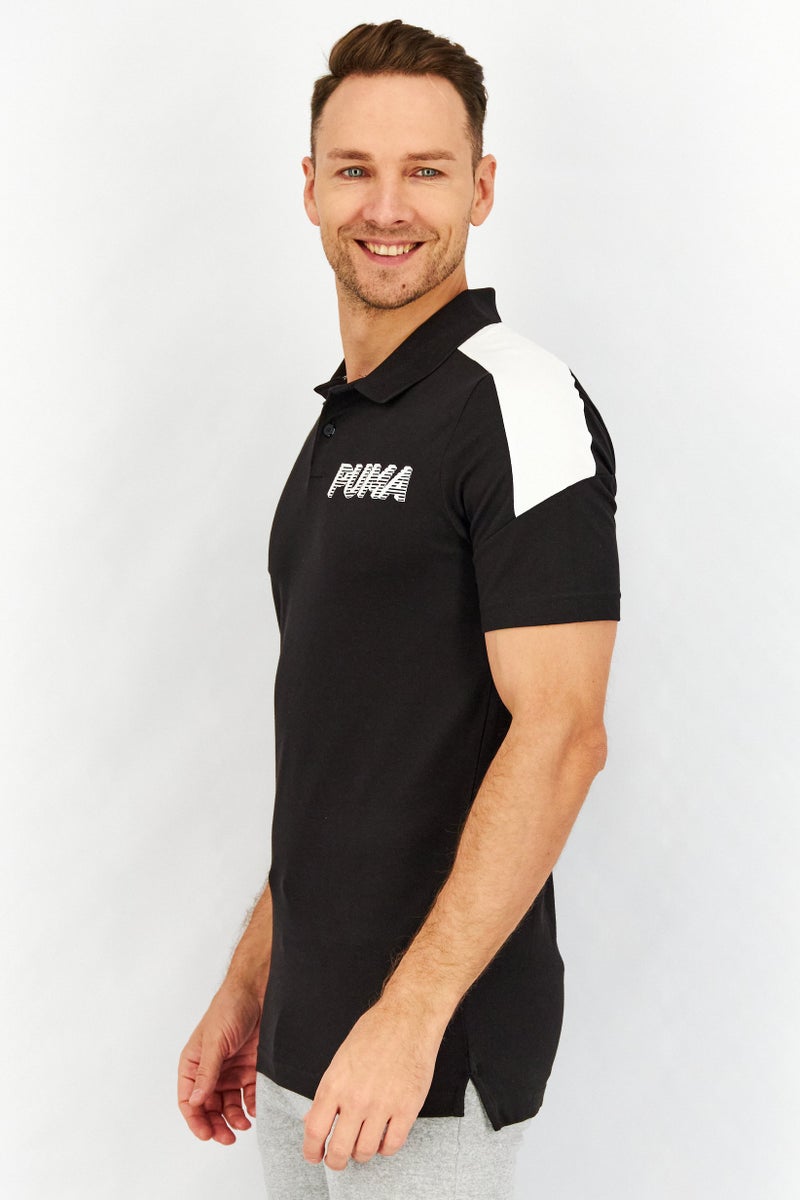 PUMA Men Spread Neckline Short Sleeve Graphic Logo Polo Shirt, Black - Image 3