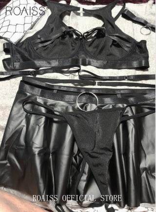 Shiny Faux Leather Lingerie Set for Women with Garter Ladies Underwire Push up Bra and Short Skirt Underwear Suit with Fishnet Stocking and Chain Decor Adults Comfy and Breathable Lace Teddy Bodysuit - pzsku/ZC446385555D8A5786A22Z/45/1746696849/1973f579-d08d-4a4b-9591-bb609653bdff