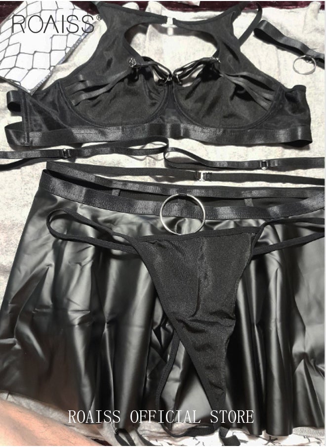 roaiss Shiny Faux Leather Lingerie Set for Women with Garter Ladies Underwire Push up Bra and Short Skirt Underwear Suit with Fishnet Stocking and Chain Decor Adults Comfy and Breathable Lace Teddy Bodysuit 